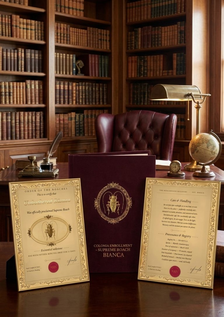 Both pages of the Certificate of Roachhood, framed in gold and standing on a desk in a wood-panelled library beside a burgundy enrolment folder.