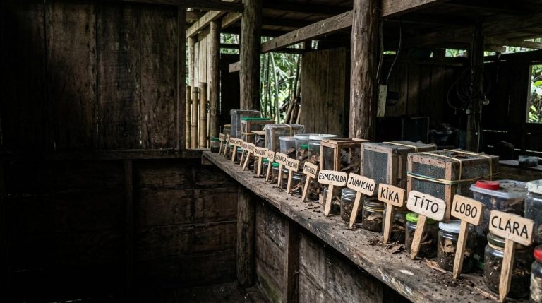A long bench of wooden adoption crates, each with its own hand-lettered name plaque