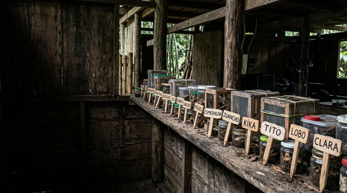 A long bench of wooden adoption crates, each with its own hand-lettered name plaque