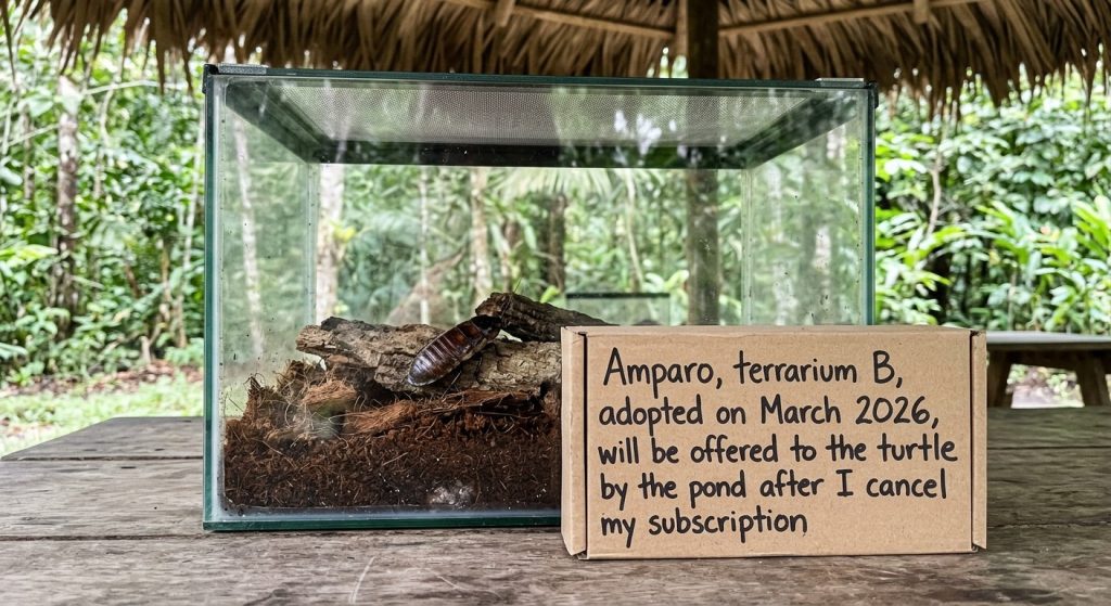 A cockroach in a planted glass terrarium at the colony.