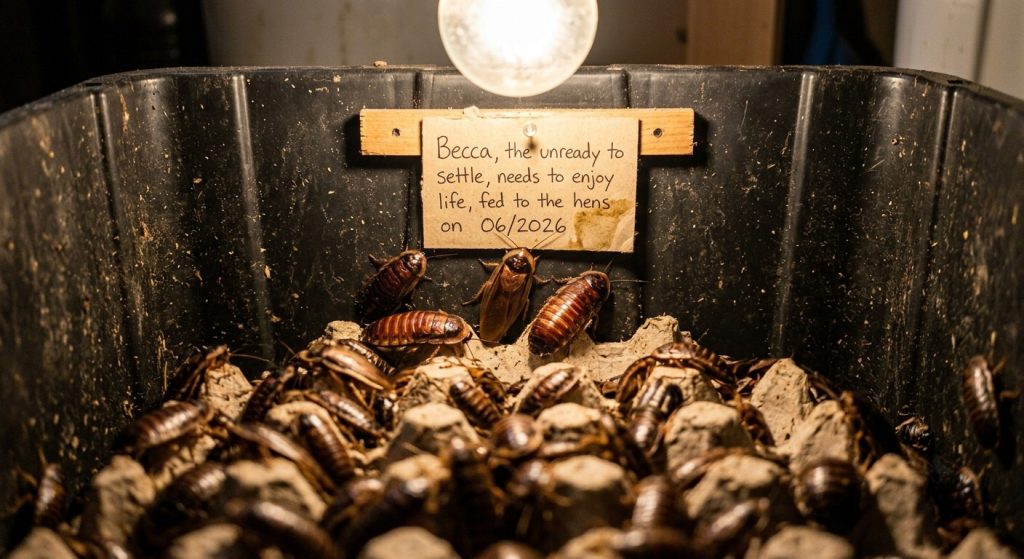 A breeding barrel packed with Blaberus giganteus cockroaches, with a wooden sign naming one of them Becca