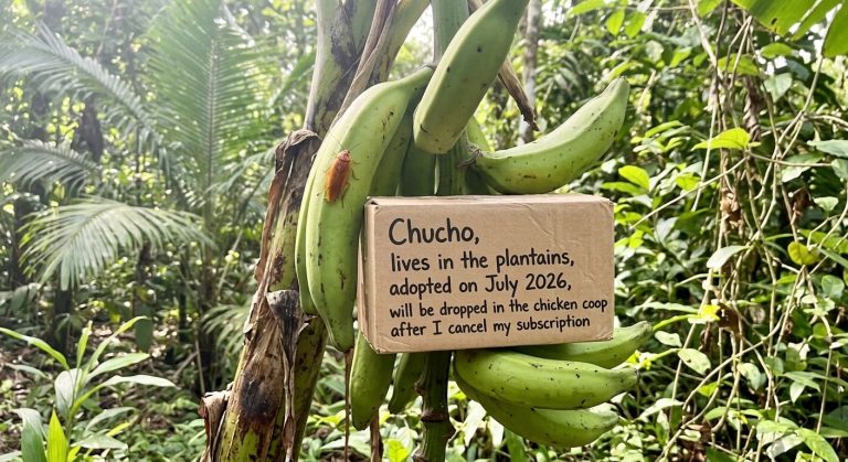 A hand-lettered sign naming a cockroach Chucho, propped in the plantain stems where it lives