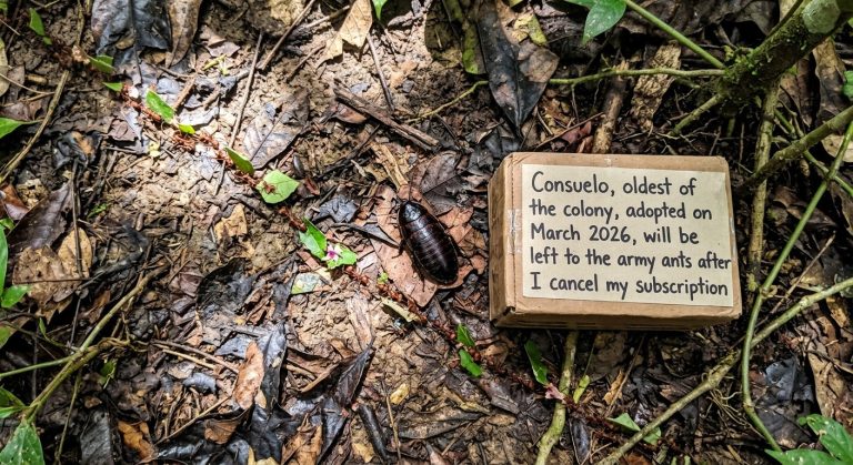 A cockroach on the rainforest floor beside a sign naming it Consuelo, oldest of the colony