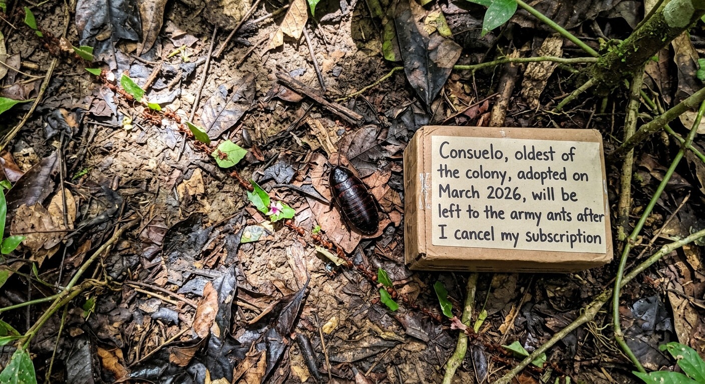 A cockroach on the rainforest floor beside a sign naming it Consuelo, oldest of the colony
