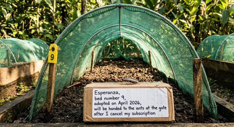 A netted breeding bed marked number nine with a sign naming the cockroach inside Esperanza