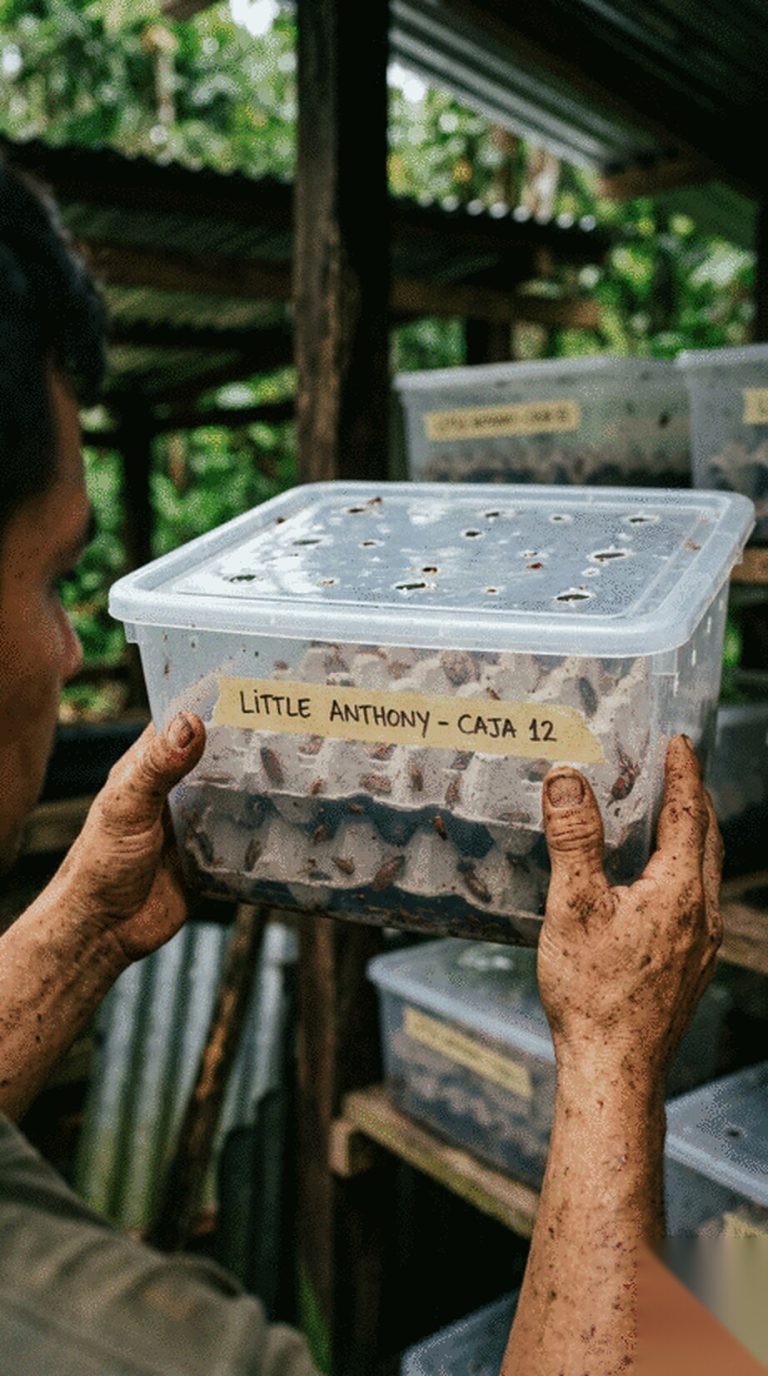 A keeper holding up a ventilated colony box labelled Little Anthony - caja 12