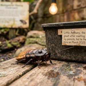 A Blaberus giganteus cockroach on a workbench beside a name plaque reading Little Anthony