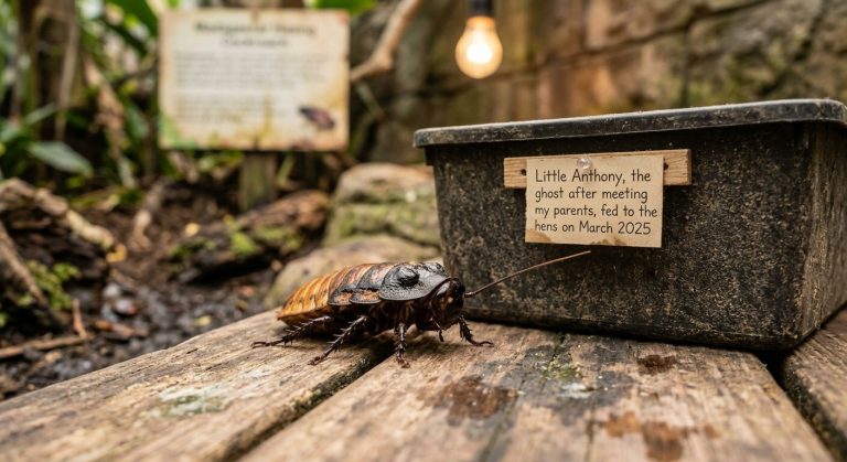 A Blaberus giganteus cockroach on a workbench beside a name plaque reading Little Anthony