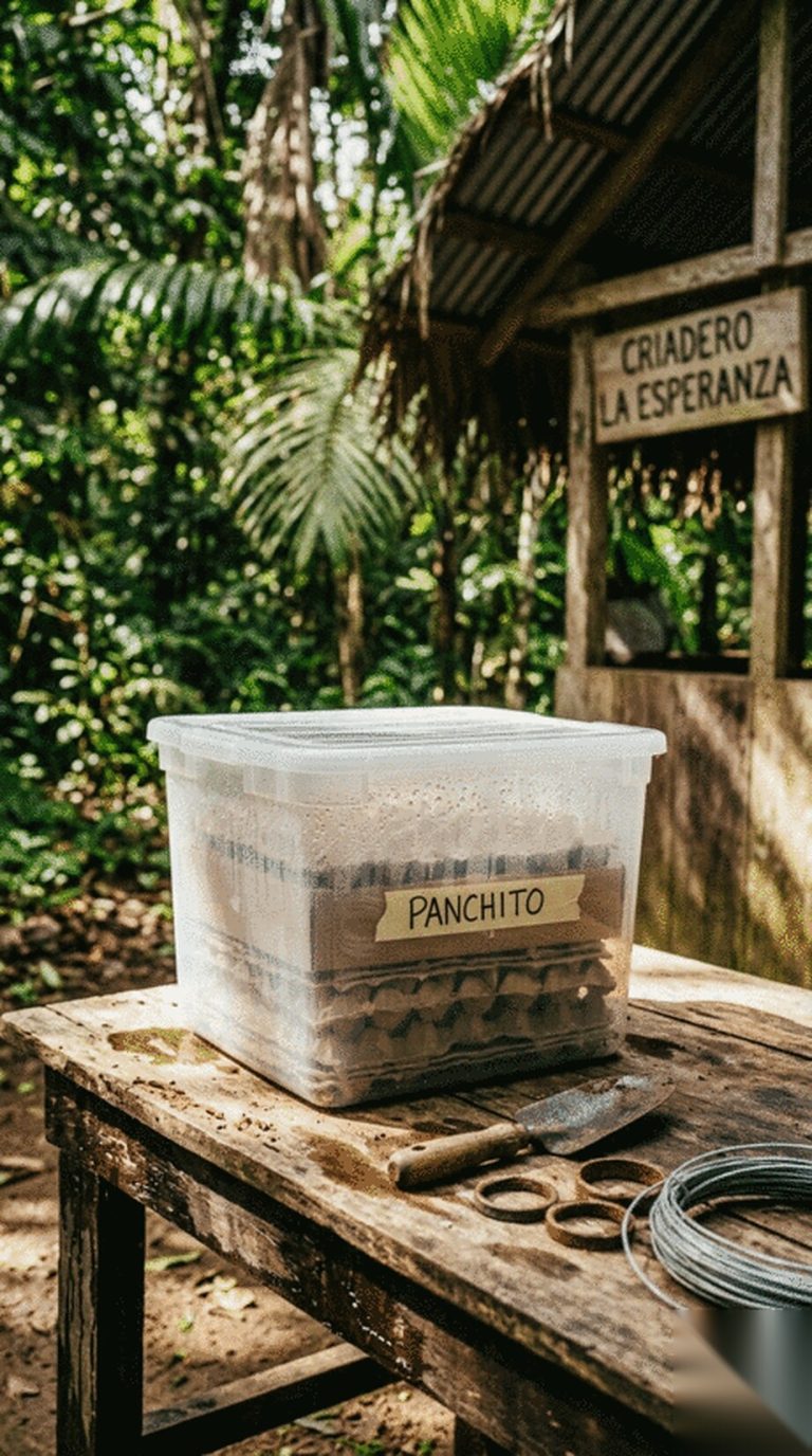 A colony crate labelled Panchito on a weathered workbench, with the Criadero La Esperanza shed and the jungle behind it