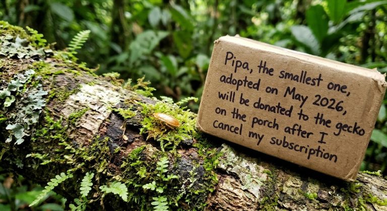 A hand-lettered adoption sign for a cockroach named Pipa resting on a mossy rainforest log