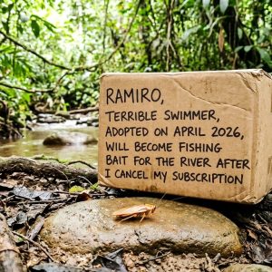 A cardboard adoption sign for a cockroach named Ramiro propped on a rock at the river’s edge