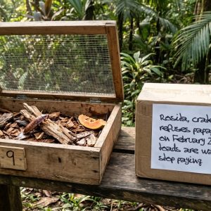 An open wooden crate in the rainforest beside a hand-lettered sign naming the cockroach Rosita, crate 9