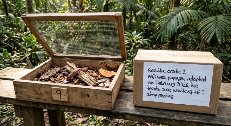 An open wooden crate in the rainforest beside a hand-lettered sign naming the cockroach Rosita, crate 9