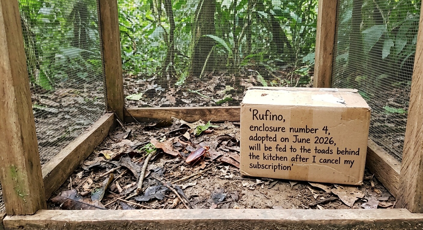 A hand-lettered sign naming a cockroach Rufino, propped inside a mesh rainforest enclosure