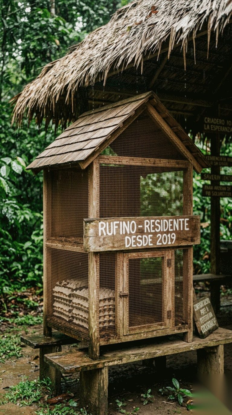A wooden hutch with a shingled roof under a thatch shelter in the rain, its sign reading Rufino - residente desde 2019