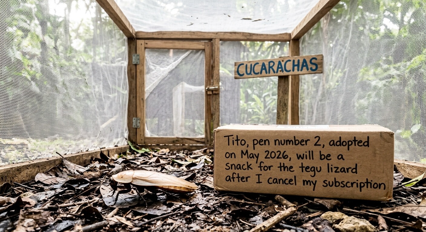 A mesh pen signed CUCARACHAS with a hand-lettered board naming the cockroach inside Tito, pen number two