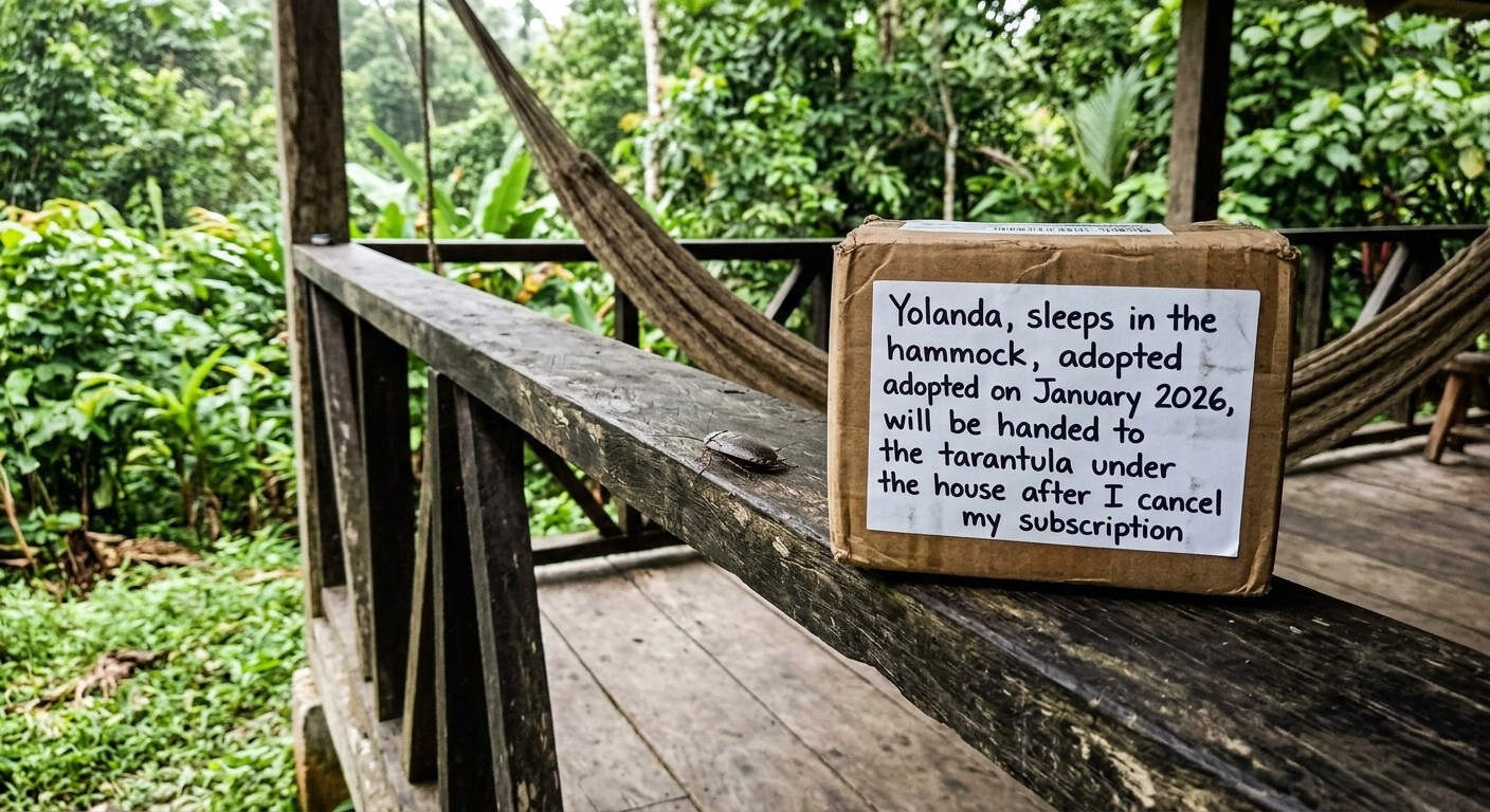A hand-lettered adoption sign for a cockroach named Yolanda, on a wooden walkway beside a hammock