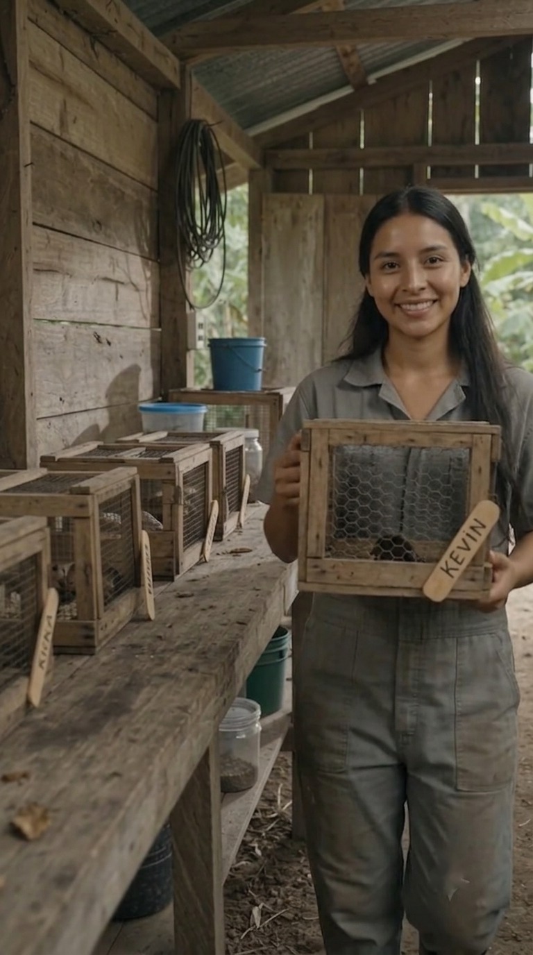 A caretaker at the cockroach farm smiling and holding up a small wooden adoption crate with a name stake