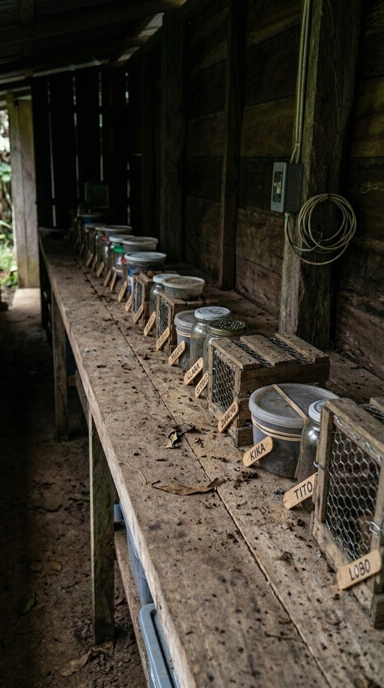A long wooden shelf of cockroach enclosures running down the inside of the farm shed