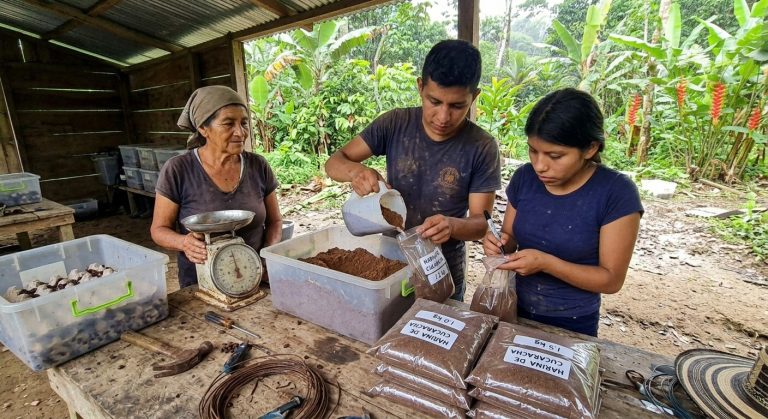 Three people weighing cockroach feed on a balance scale and packing it into labelled bags