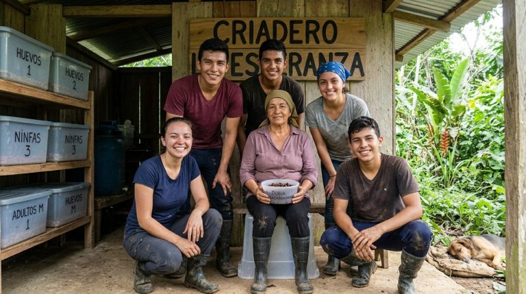 The Criadero La Esperanza team sitting together in the shed at the end of a shift