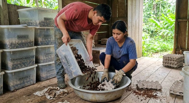 Two people preparing cockroach feed, tipping a bin of substrate into a metal bowl
