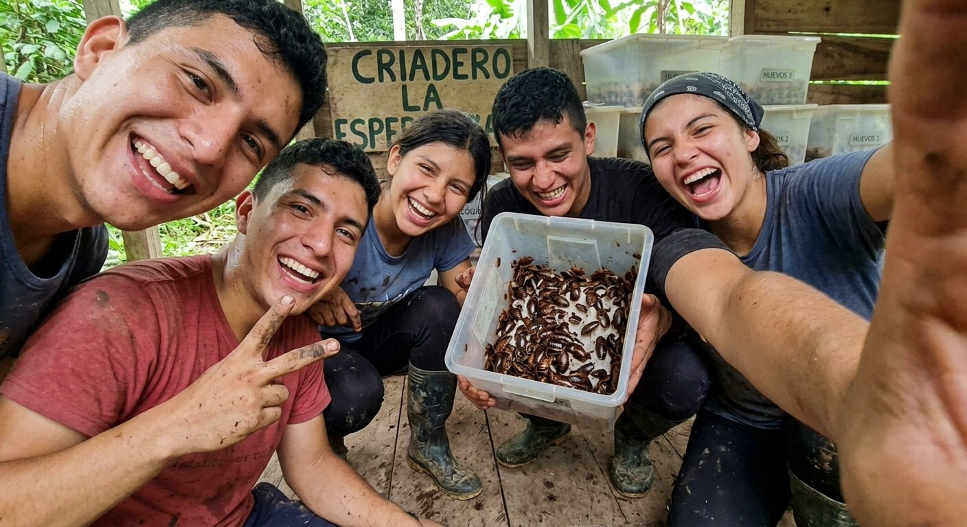 Five members of the farm team laughing in a selfie, holding up a tub of cockroaches