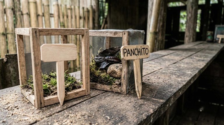 A wooden terrarium on the farm bench beside a name plaque reading Panchito