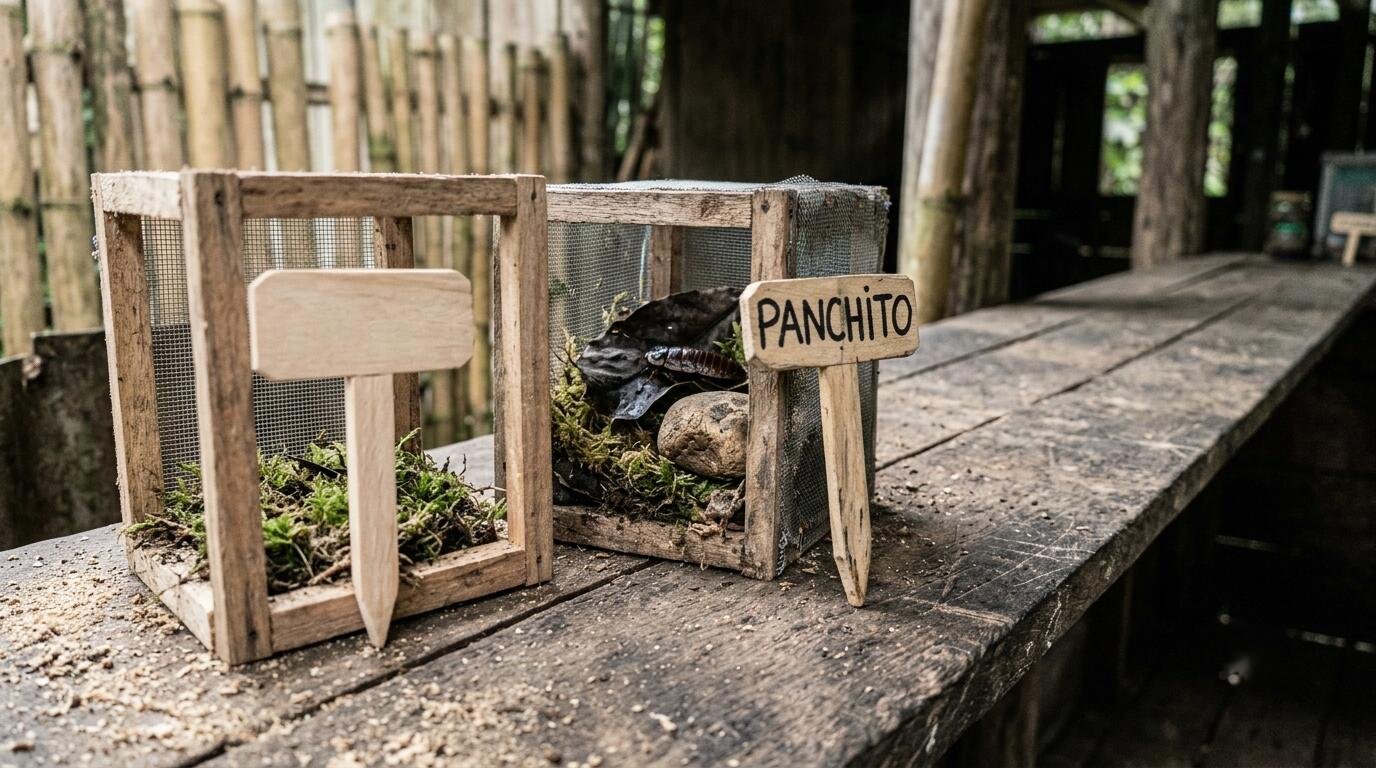 A wooden terrarium on the farm bench beside a name plaque reading Panchito