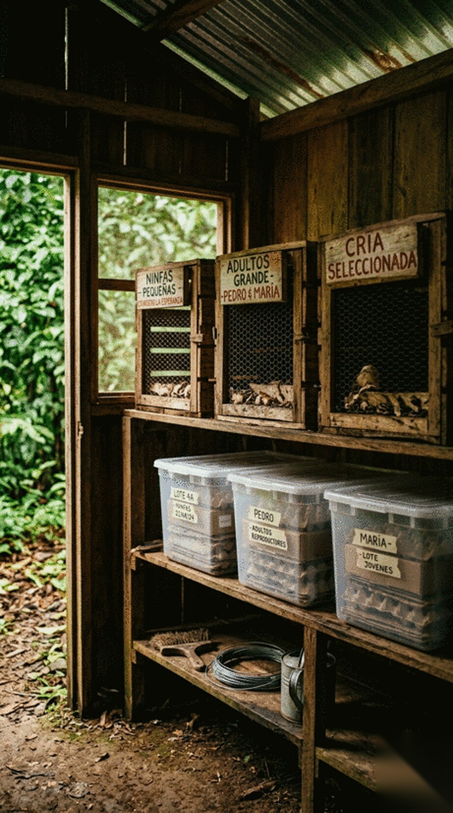 Wooden breeding pens labelled ninfas pequenas, adultos grandes and cria seleccionada, above stacked colony bins, with the rainforest through the open door