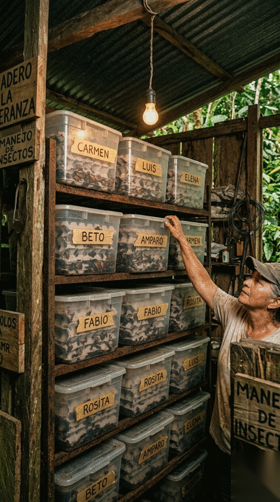 A keeper reaching up to a wall of labelled cockroach bins named Carmen, Luis, Elena, Beto, Amparo, Fabio and Rosita, lit by a single hanging bulb