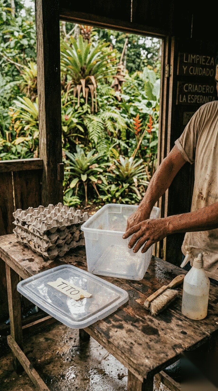 A keeper washing out a colony bin at the workbench beside a lid labelled Tito, with fresh egg cartons stacked ready and a limpieza y cuidado sign on the wall