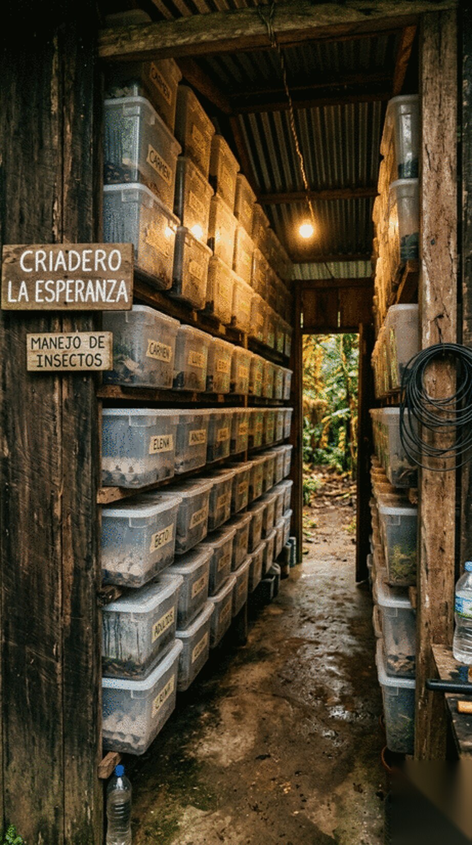 The narrow aisle inside the breeding shed, colony bins stacked floor to roof on both sides, a bare bulb at the far end and the Criadero La Esperanza sign in the foreground