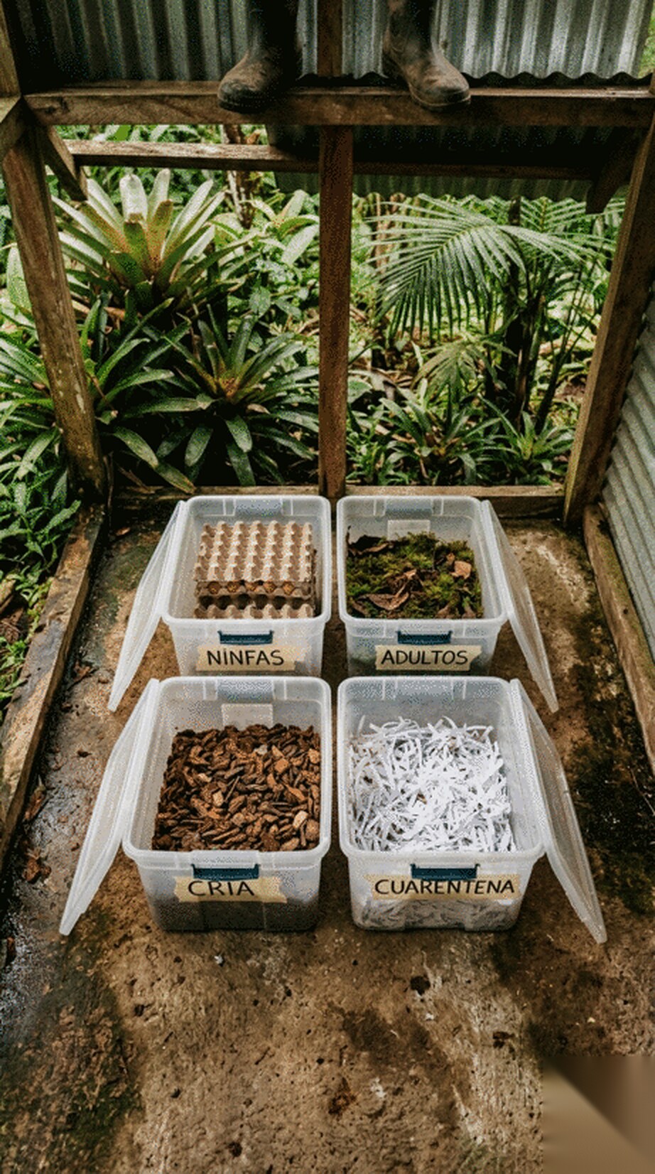 Four open plastic colony bins labelled ninfas, adultos, cria and cuarentena, holding egg crate, moss, bark and shredded paper, set on the ground in front of the rainforest