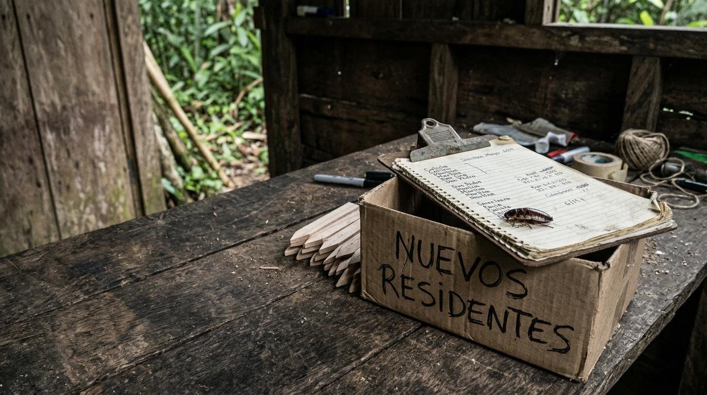A cardboard box labelled NUEVOS RESIDENTES holding newly arrived cockroaches on a workbench