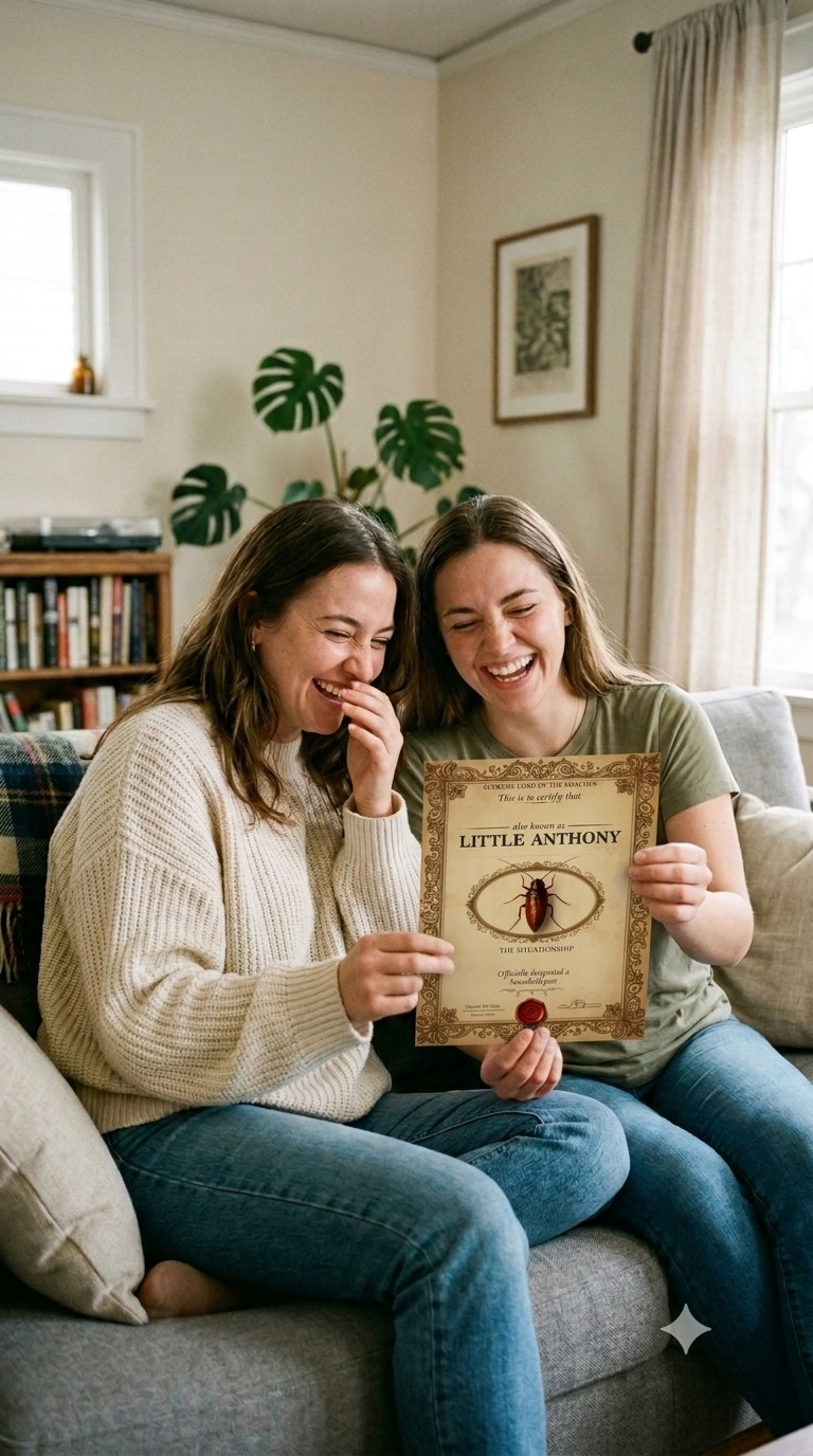 Two friends laughing on a sofa, holding up a Certificate of Roachhood naming a cockroach Little Anthony