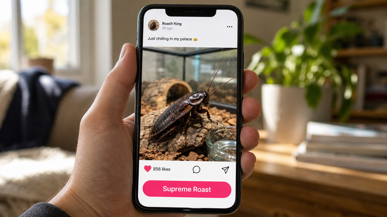 A hand holding a phone showing a social feed post of a pet cockroach in its vivarium, with a Supreme Roast button.